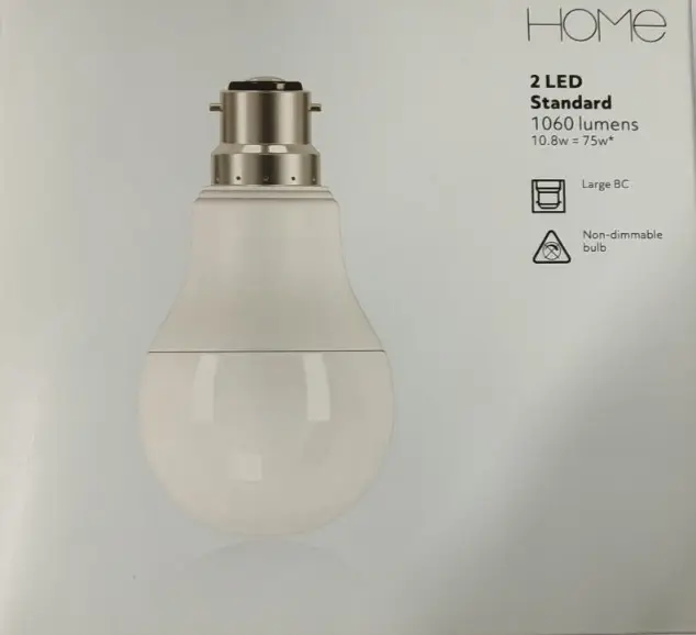 2x 10.8W (=75W) Home LED GLS Globe Light Bulbs, 2700K BC B22 Bayonet Lamp