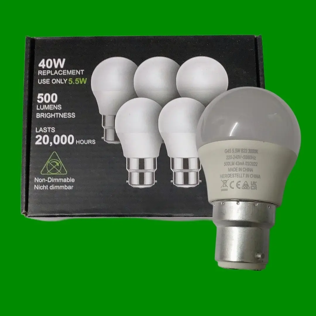 5x 5.5W (=40W) LED Round Golf G45 Light Bulb Pearl BC B22 3000K Warm White Lamp