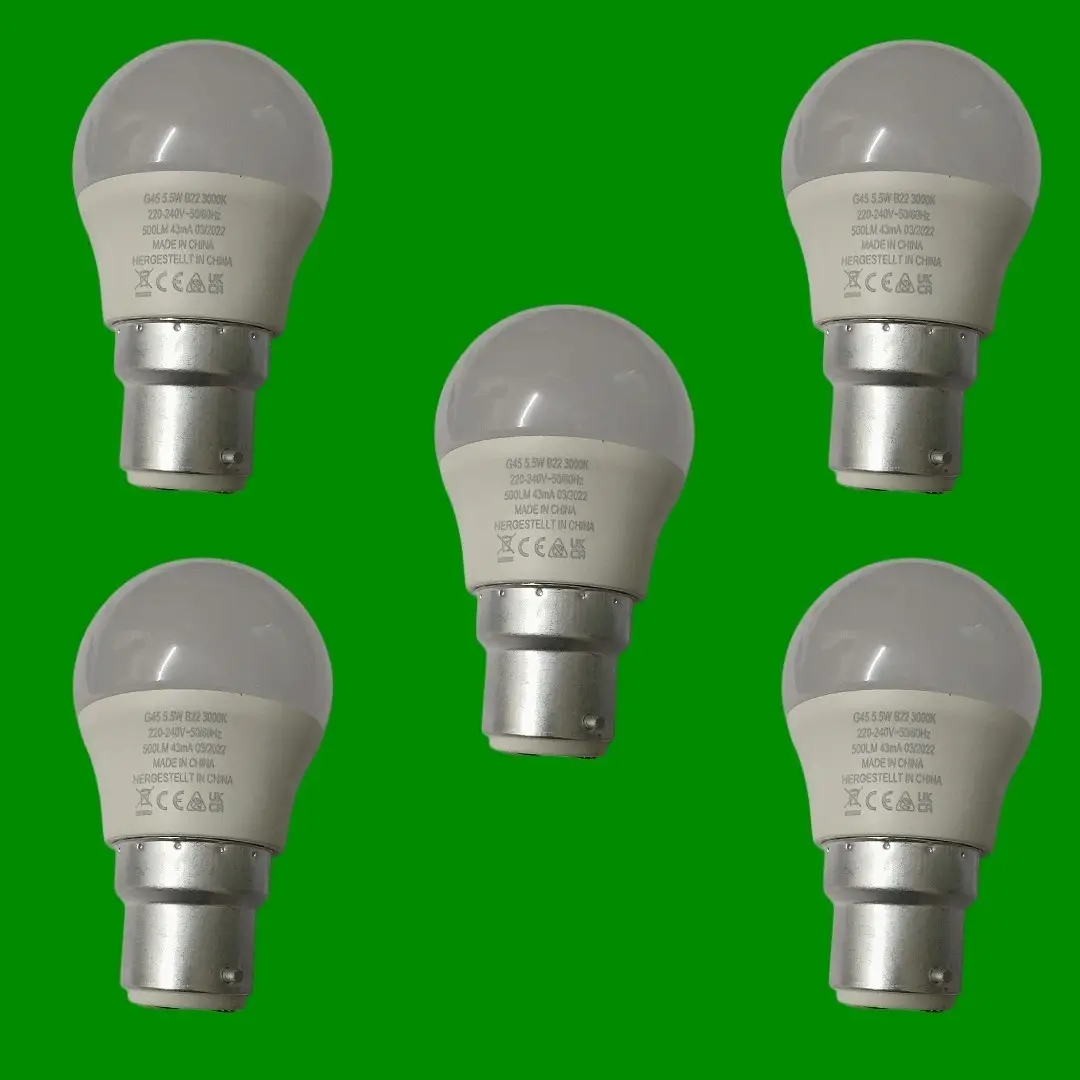 5x 5.5W (=40W) LED Round Golf G45 Light Bulb Pearl BC B22 3000K Warm White Lamp - image 2 | Free standard UK delivery included | Discount Quality Products