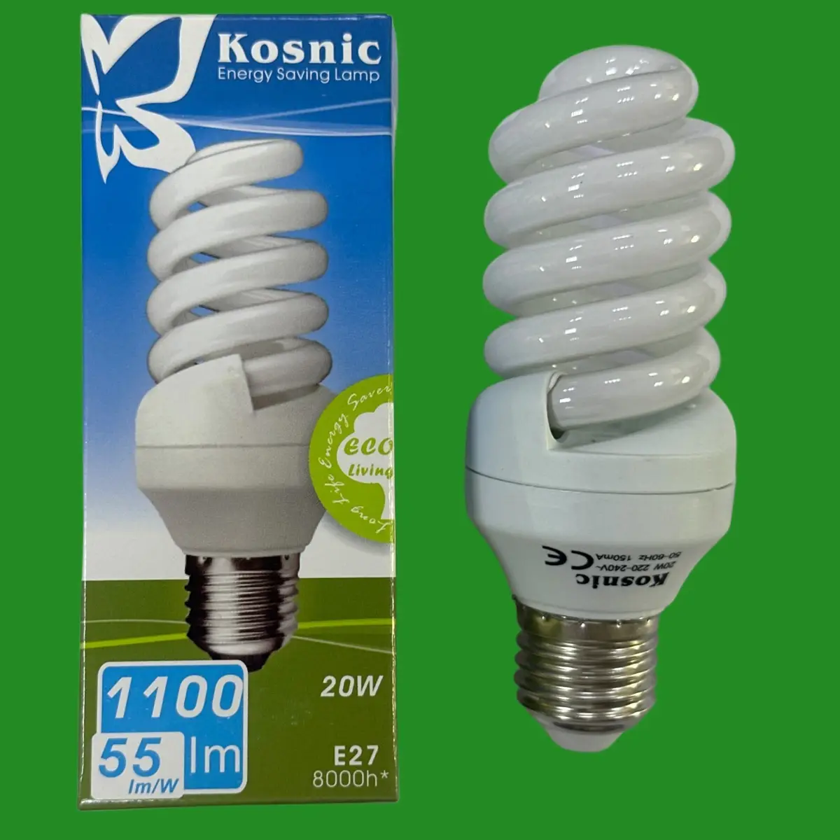 1x 20W (=100W) Kosnic CFL Spiral Light Bulb, Edison Screw ES E27 6500K Daylight