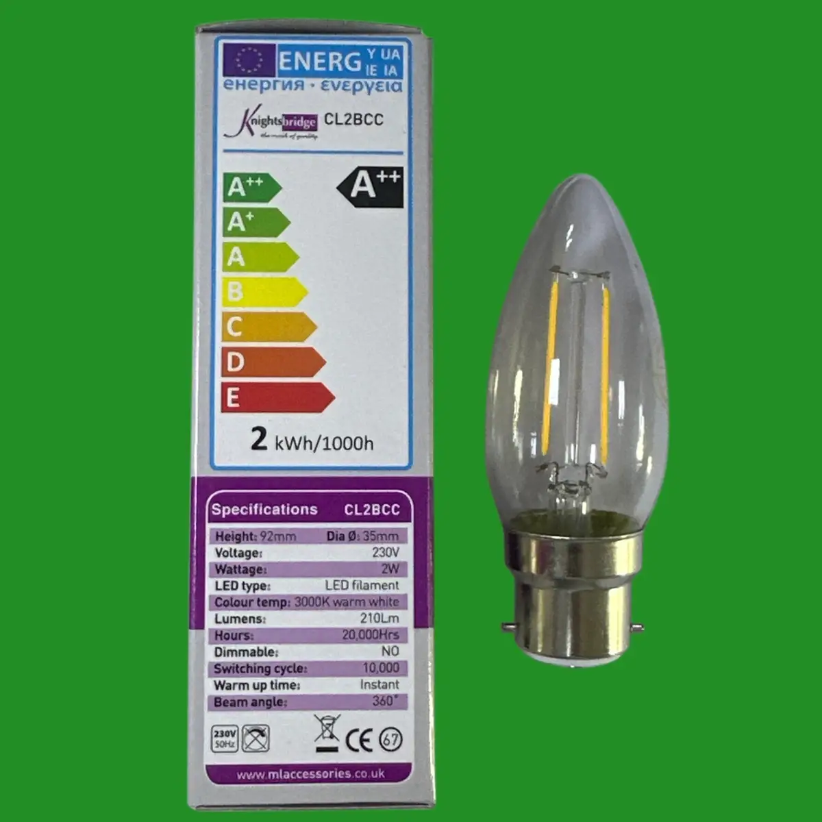 10x 2W (=25W) Knightsbridge Clear LED Filament Candle Light Bulbs 3000K BC B22 - image 2 | Free standard UK delivery included | Discount Quality Products
