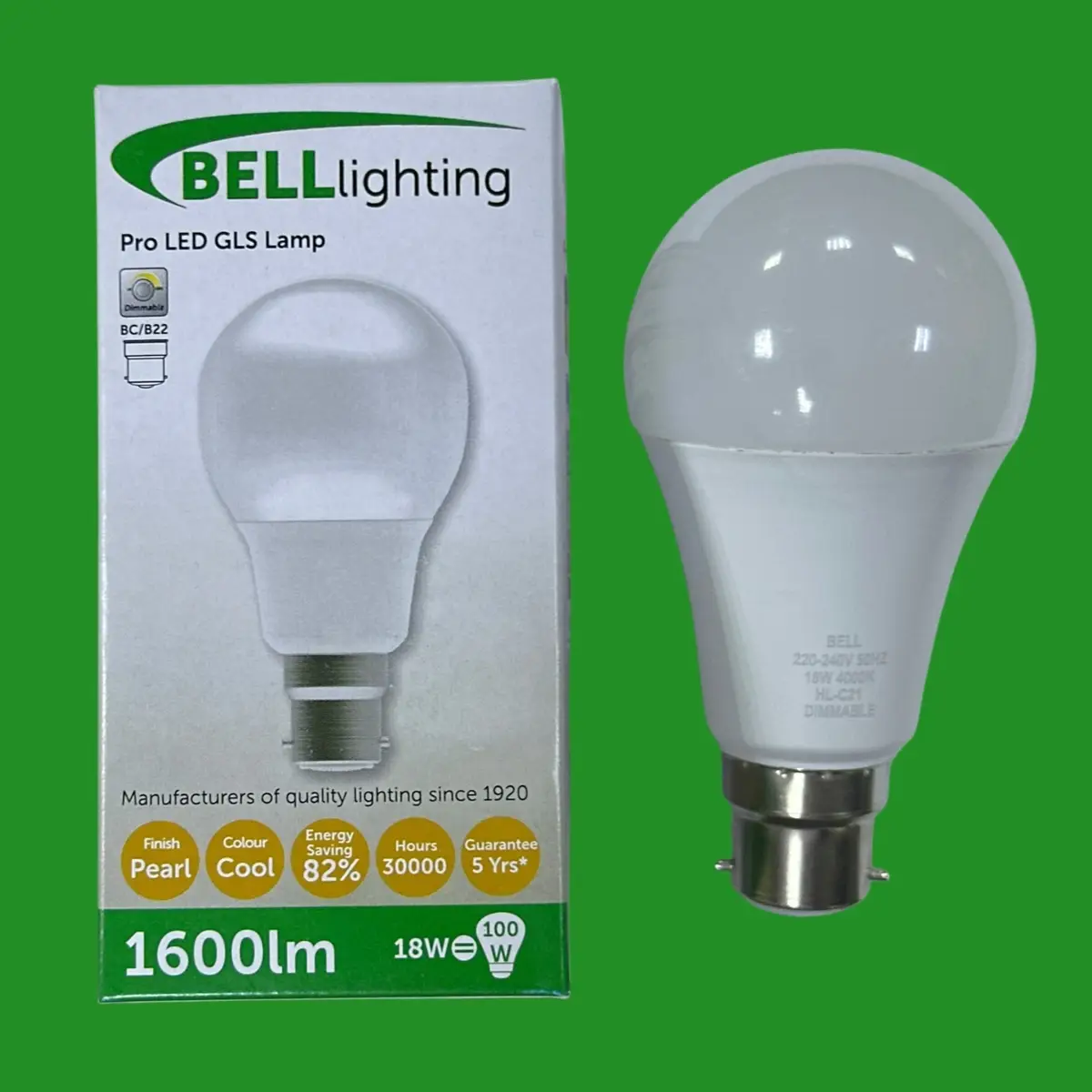 2x 18W (=100W) BELL Pro Dimmable GLS LED Light Bulb BC B22 4000K Cool White Lamp