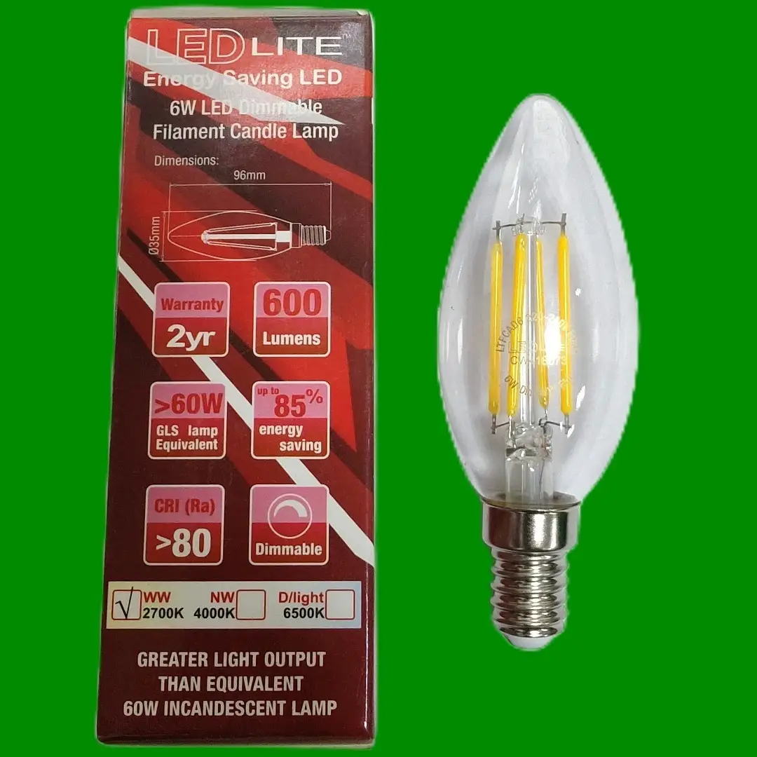 1x 6W (=60W) Dimmable LED Clear Candle Light Bulb 2700K SES E14 Small Screw - image 3 | Free standard UK delivery included | Discount Quality Products
