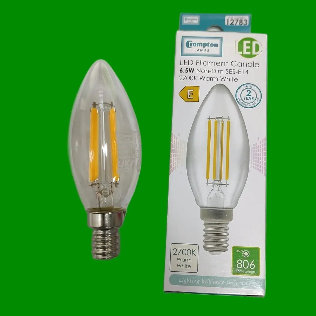 4x 6.5W (=60W) Crompton LED Filament Clear Candle Light Bulb, 2700K SES E14 Lamp