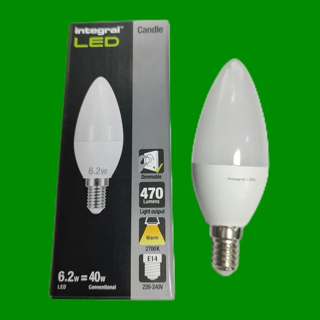 2x 6.2W (=40W) Integral Dimmable LED Candle Light Bulb 2700K SES E14 Small Screw
