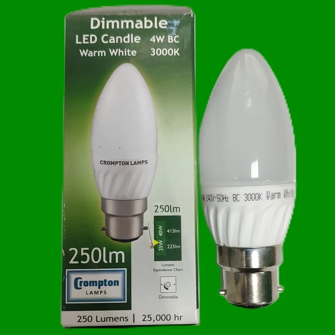 4W Crompton Dimmable LED Candle Light Bulb Bayonet BC B22 Warm White 3000K Lamp