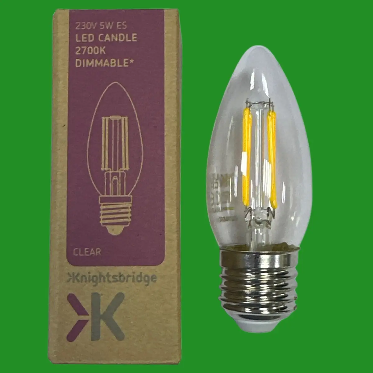 2x 5W (=40W) Knightsbridge Dimmable LED Filament Clear Candle Light Bulbs ES E27