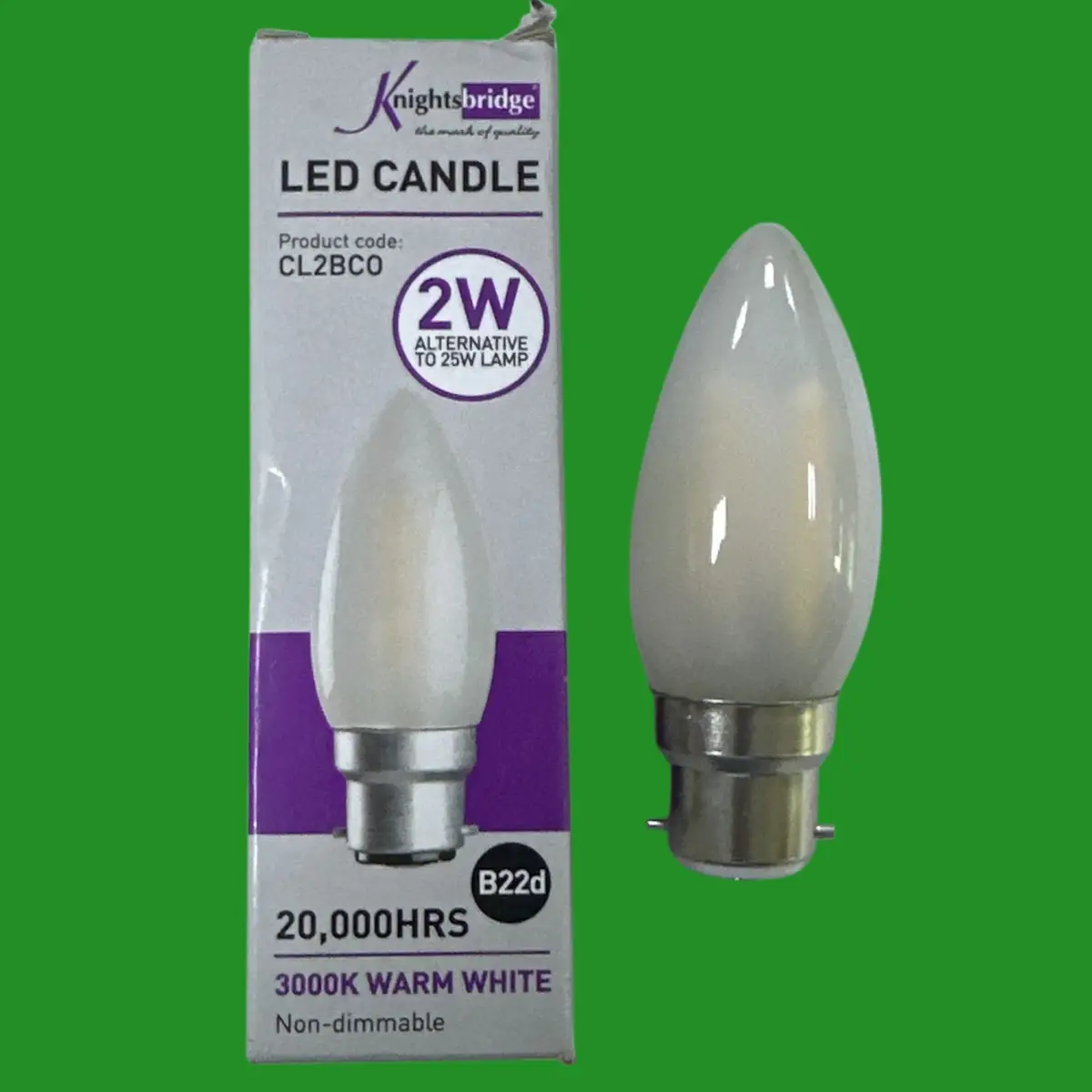 1x 2W (=25W) Knightsbridge Frosted LED Filament Candle Light Bulbs 3000K BC B22