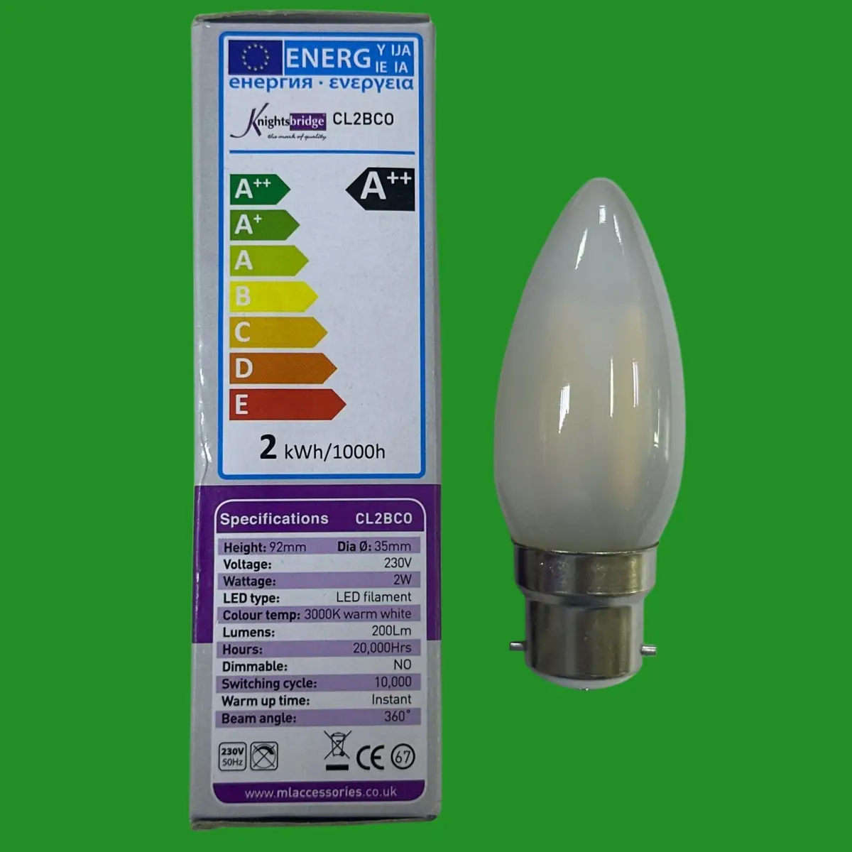 1x 2W (=25W) Knightsbridge Frosted LED Filament Candle Light Bulbs 3000K BC B22 - image 3 | Free standard UK delivery included | Discount Quality Products