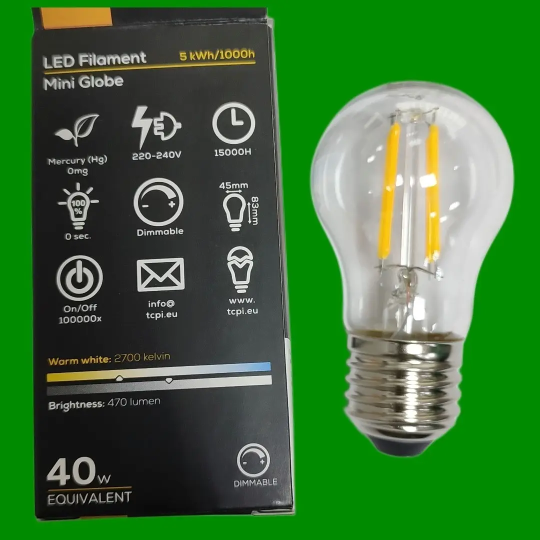 1x 4.5W =40W TCP Dimmable Filament LED Mini Globe Light Bulb Screw ES E27 2700K - image 2 | Free standard UK delivery included | Discount Quality Products