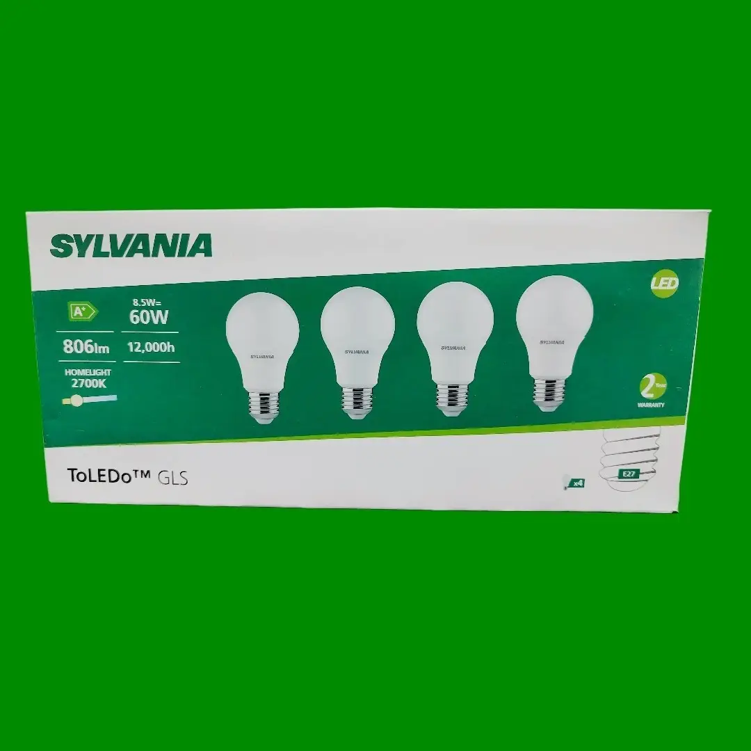 4x 8.5W (=60W) Sylvania LED GLS A65 Light Bulbs ES E27 Edison Screw 2700K Lamp