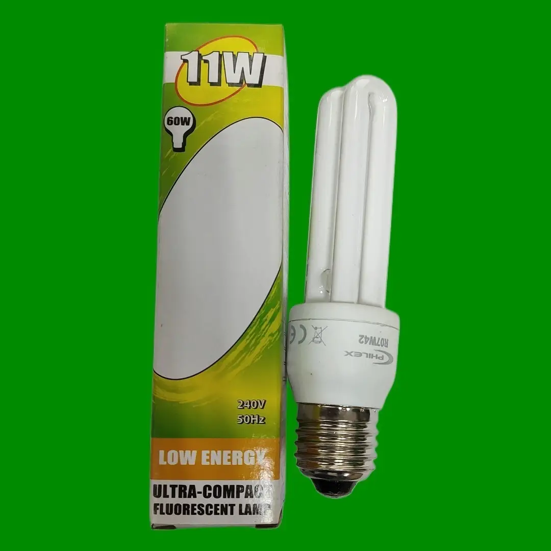 11W (=60W) Philex Low Energy CFL 2U Stick Light Bulb 2700K ES E27 Edison Screw
