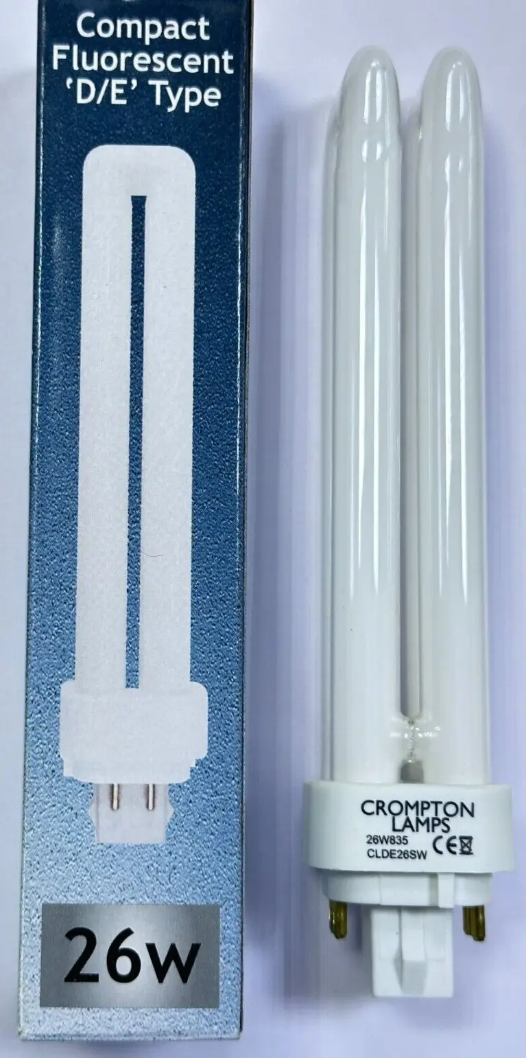2x 26W Crompton G24q-3, 4 pin, 3500K Low Energy CFL Light Bulb PL PLC White Lamp