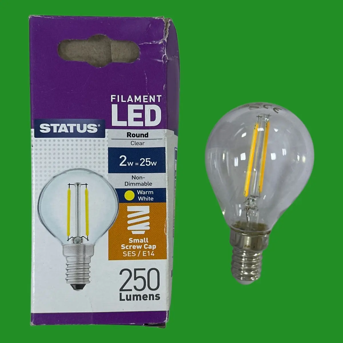 1x 2W (=25W) Status LED Filament Round Golf G45 Light Bulb SES E14 Small Screw