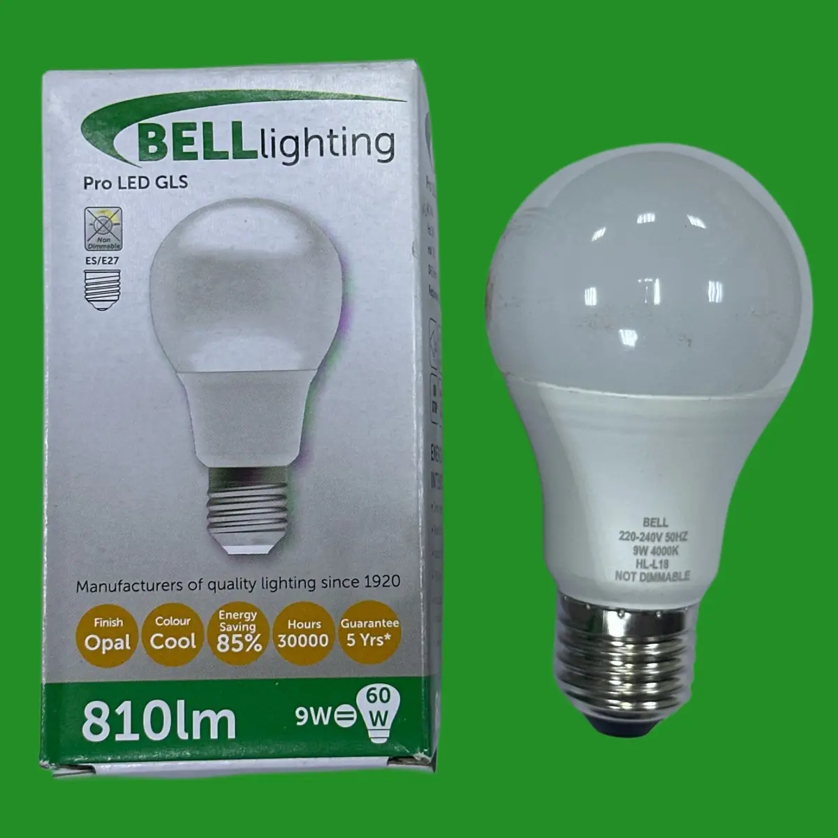 1x 9W (=60W) BELL Pro GLS LED Light Bulb 4000K Cool White ES E27 Edison Screw