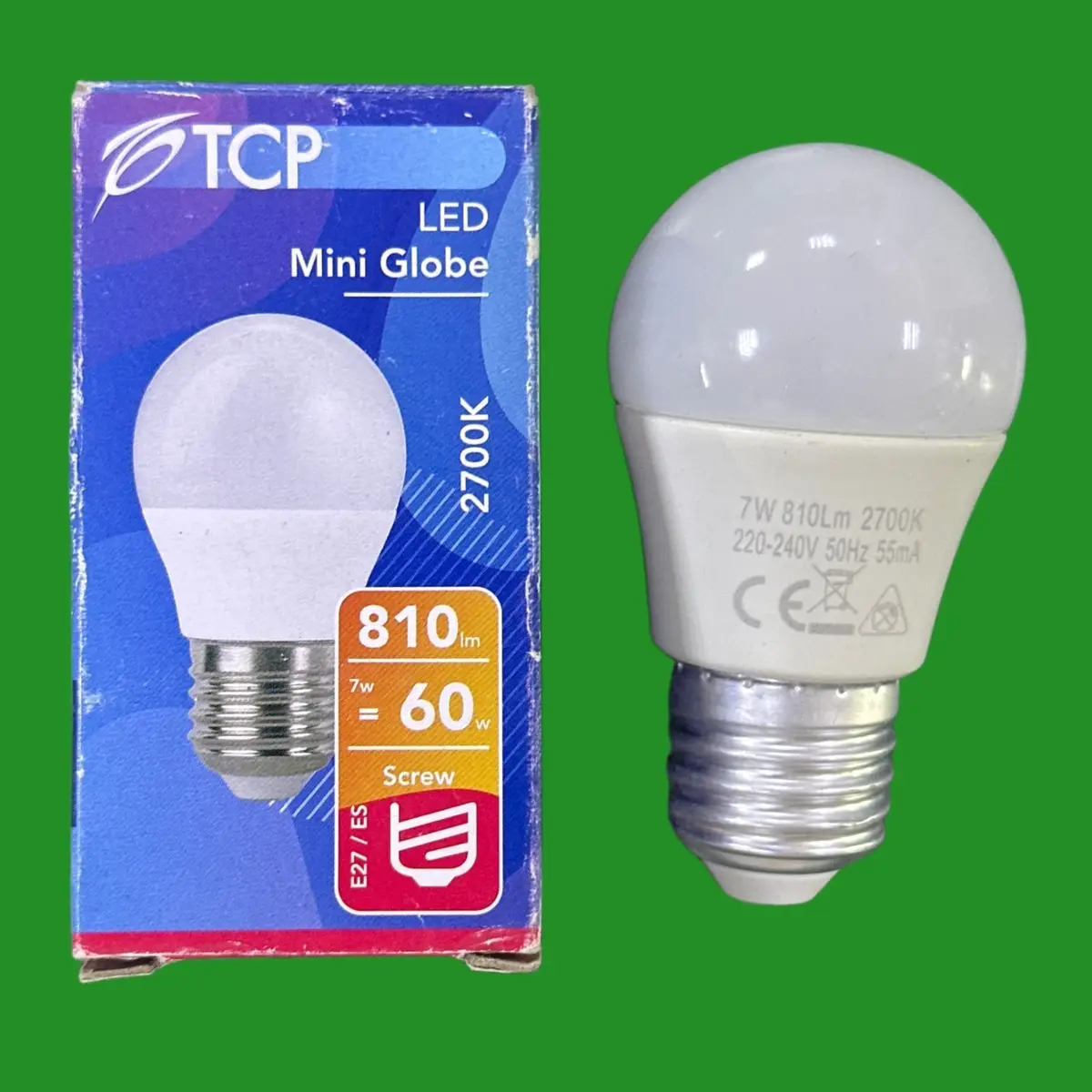 2x 7W (=60W) TCP LED Mini Globe Golf Round G45 Light Bulbs ES E27 Screw 2700K