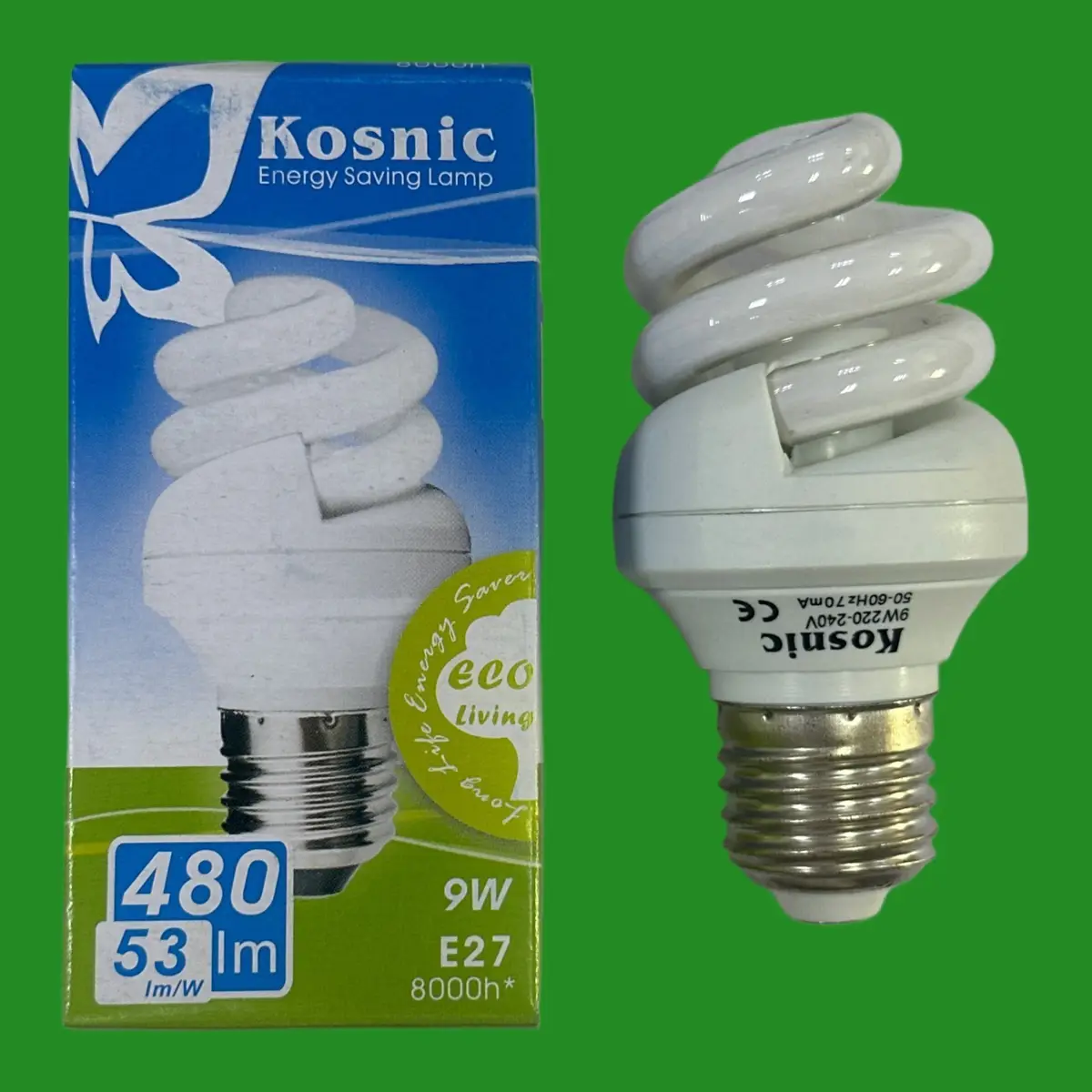 1x 9W (=40W) Kosnic CFL Spiral Light Bulb, Edison Screw ES E27 6500K Daylight