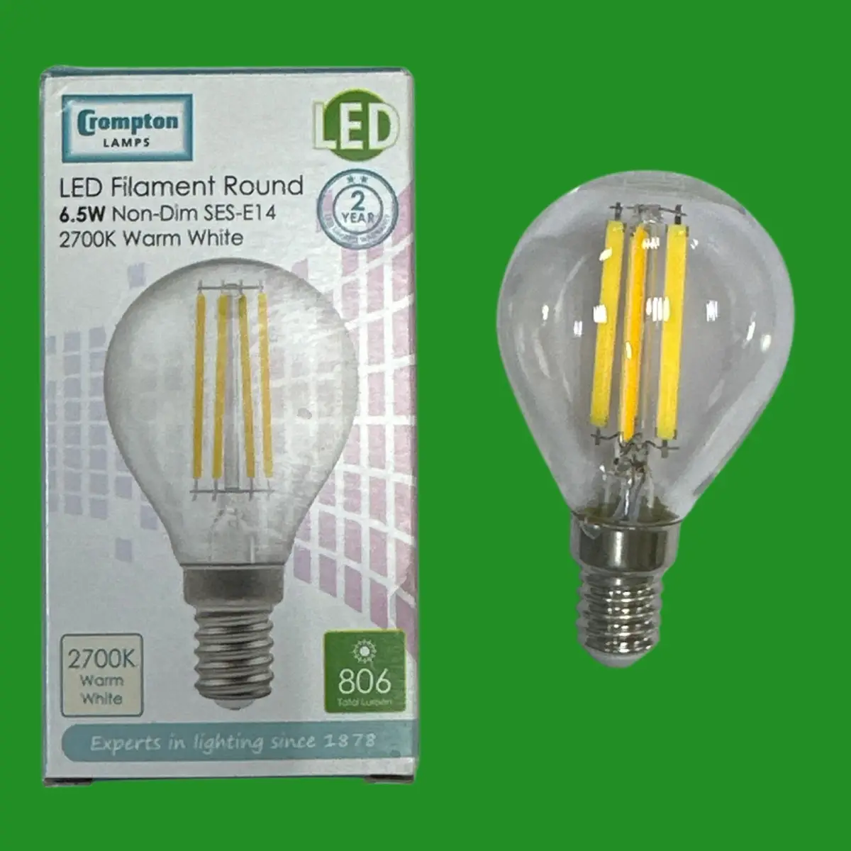 1x 6.5W (=60W) Crompton Clear LED Filament Golf Round Light Bulb SES E14 2700K