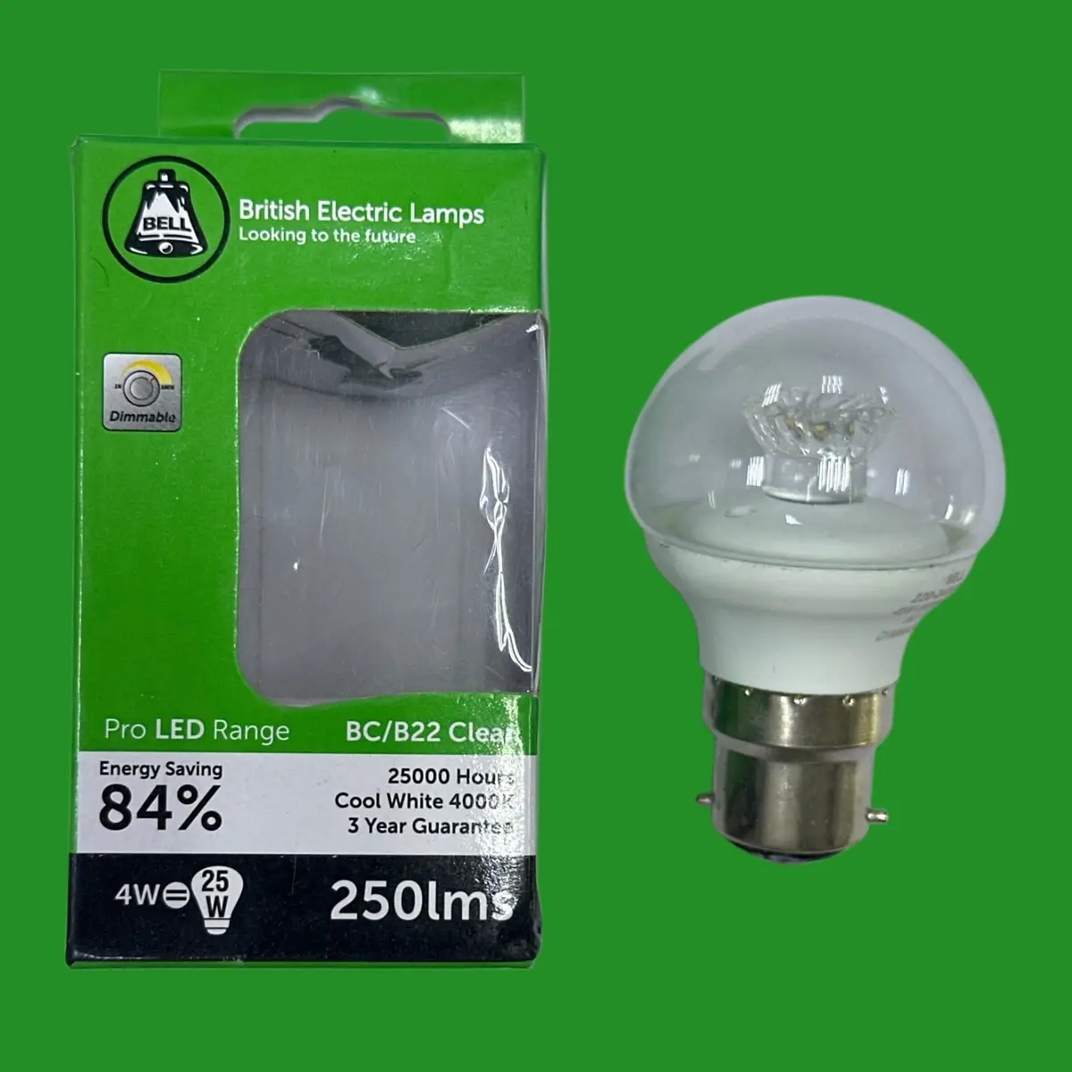1x 4W (=25W) BELL Pro LED Dimmable Round Light Bulb BC B22 4000K Cool White Lamp