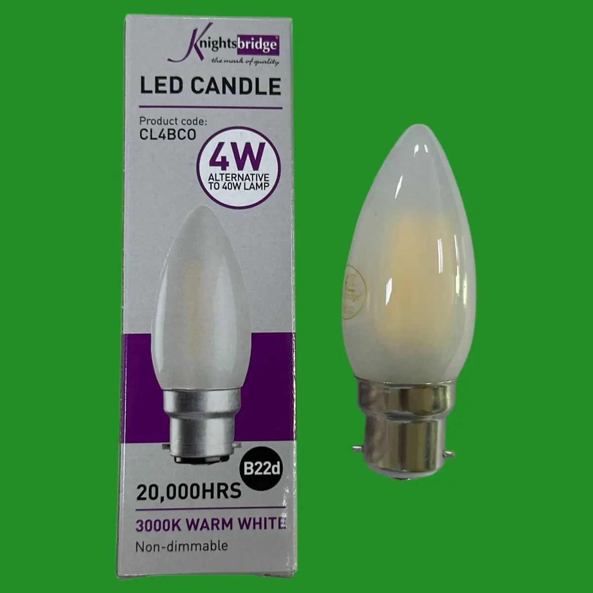 2x 4W (=40W) Knightsbridge Frosted LED Filament Candle Light Bulbs 3000K BC B22