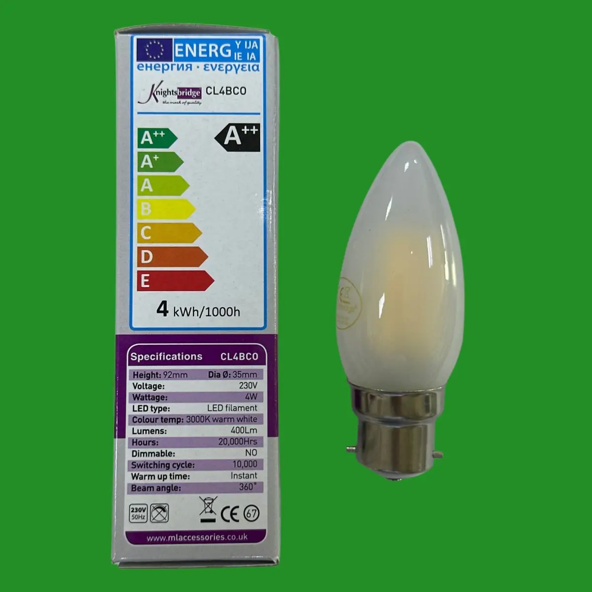2x 4W (=40W) Knightsbridge Frosted LED Filament Candle Light Bulbs 3000K BC B22 - image 3 | Free standard UK delivery included | Discount Quality Products
