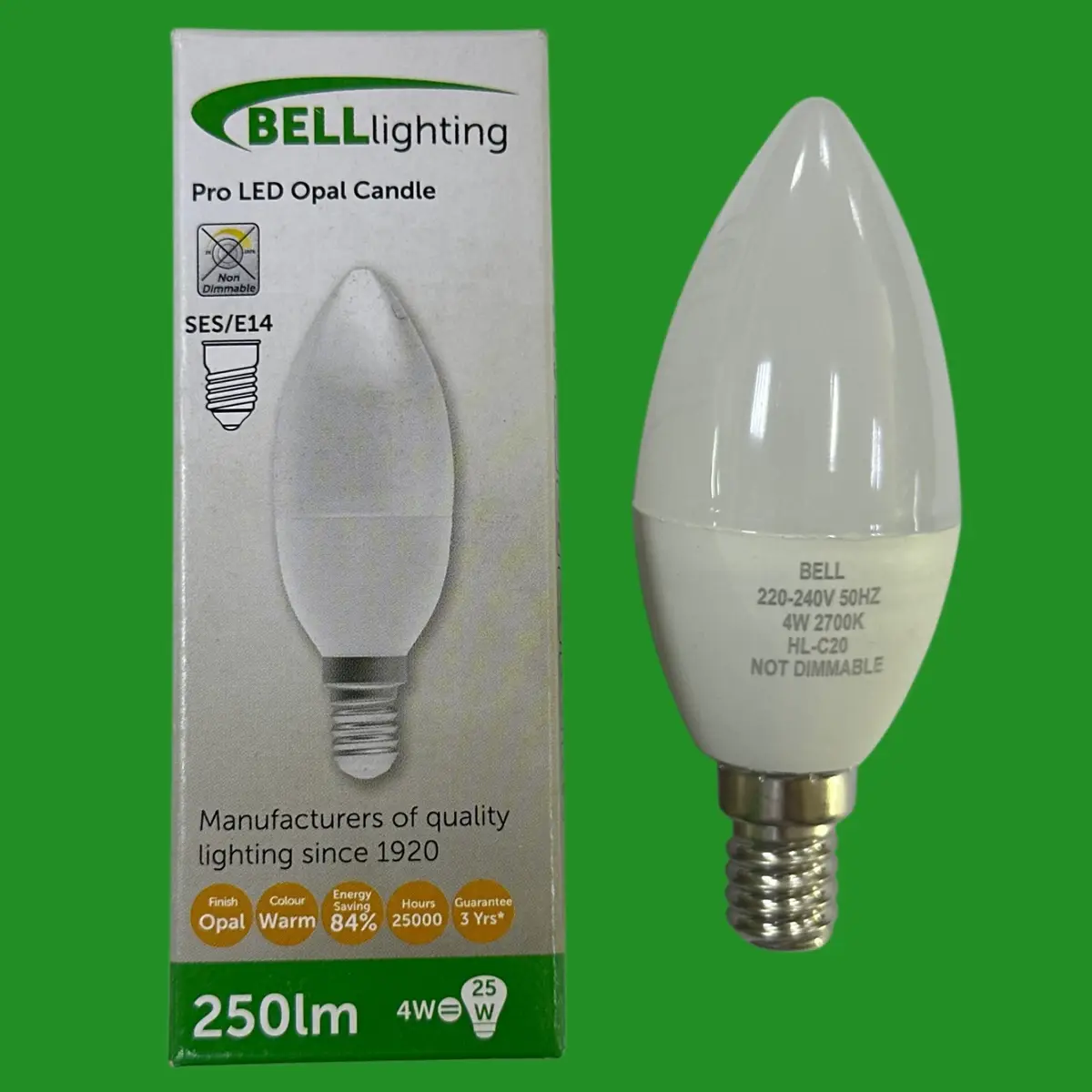 1x 4W (=25W) Bell Pro LED Opal Candle Light Bulb, Small Screw SES E14 2700K Lamp