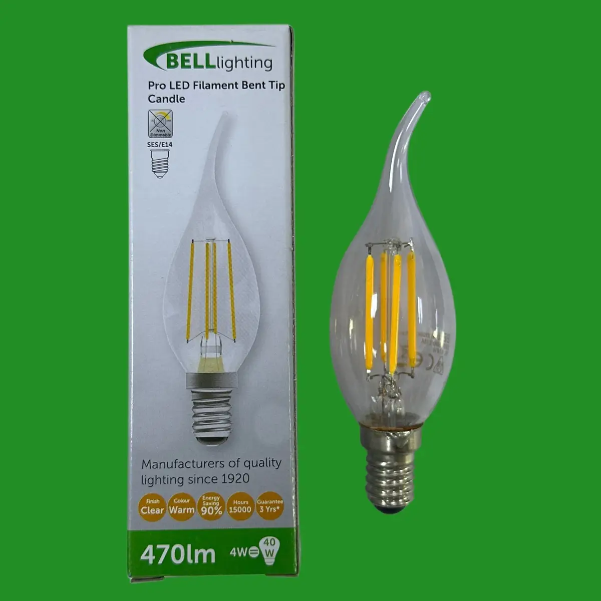 1x 4W (=40W) Bell Bent Tip Pro LED Filament Clear Candle Light Bulb SES E14