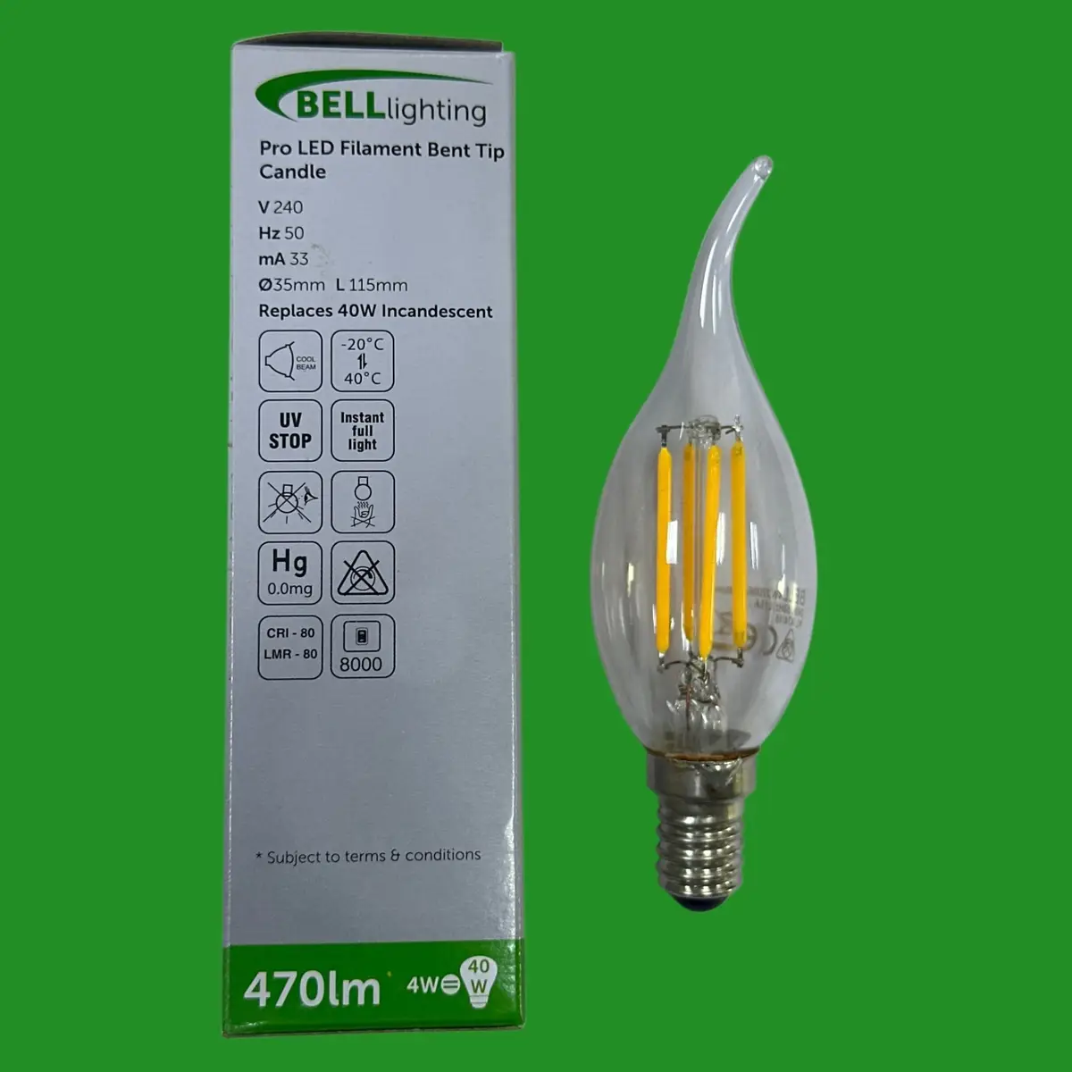 2x 4W (=40W) Bell Bent Tip Pro LED Filament Clear Candle Light Bulb SES E14 - image 2 | Free standard UK delivery included | Discount Quality Products