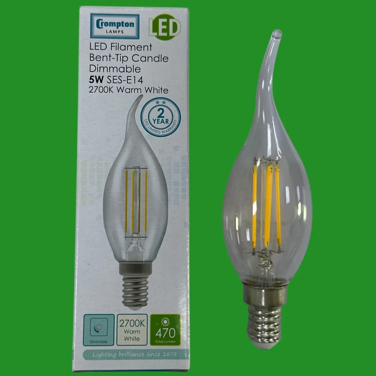 2x 5W (=40W) Crompton Dimmable Bent Tip LED Filament Candle Light Bulbs SES E14