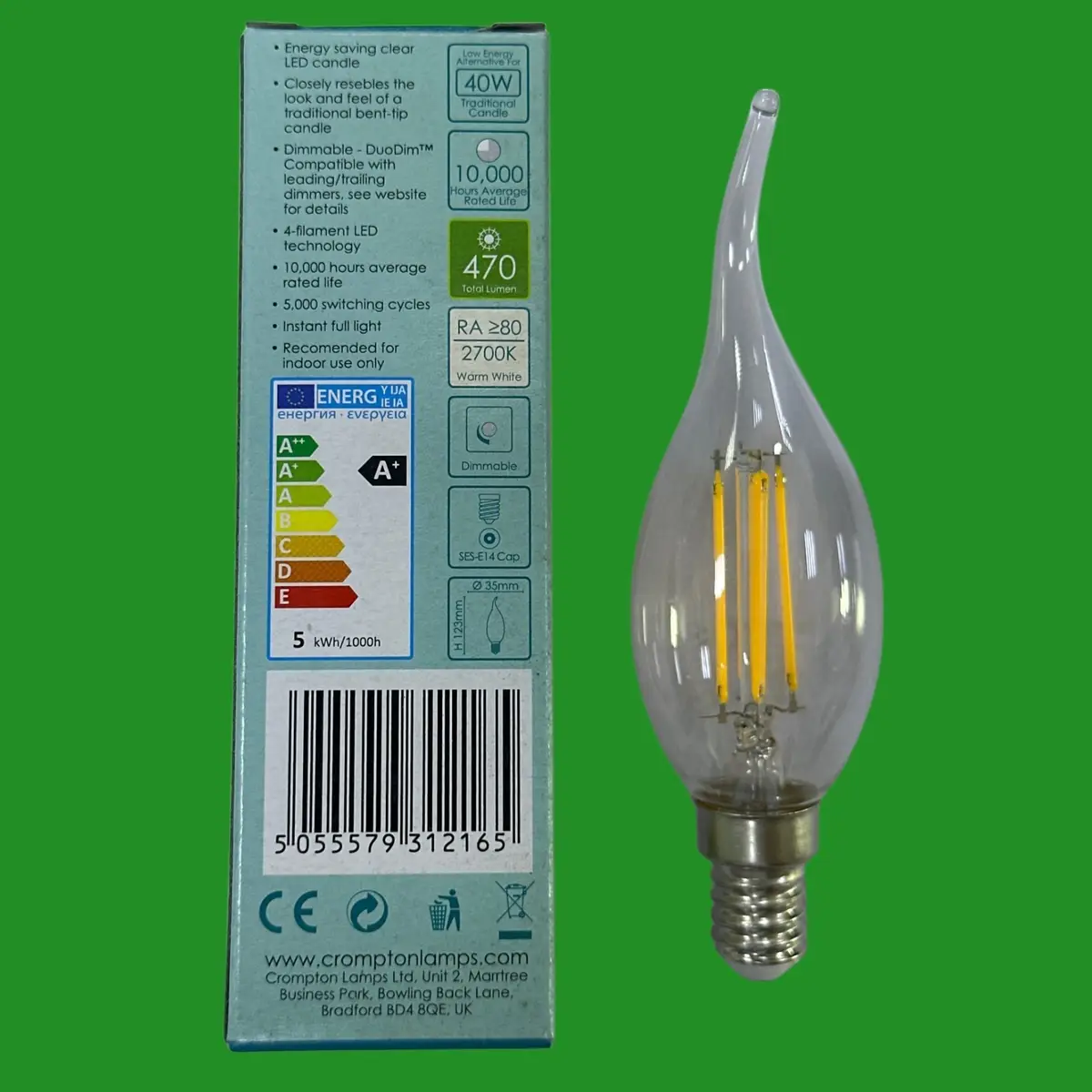 2x 5W (=40W) Crompton Dimmable Bent Tip LED Filament Candle Light Bulbs SES E14 - image 3 | Free standard UK delivery included | Discount Quality Products