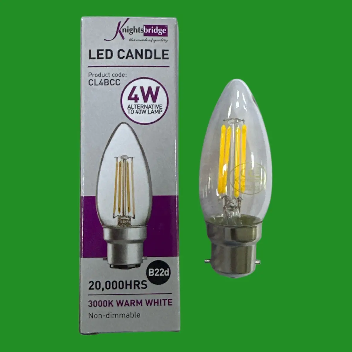 1x 4W (=40W) Knightsbridge Clear LED Filament Candle Light Bulb BC B22 3000K