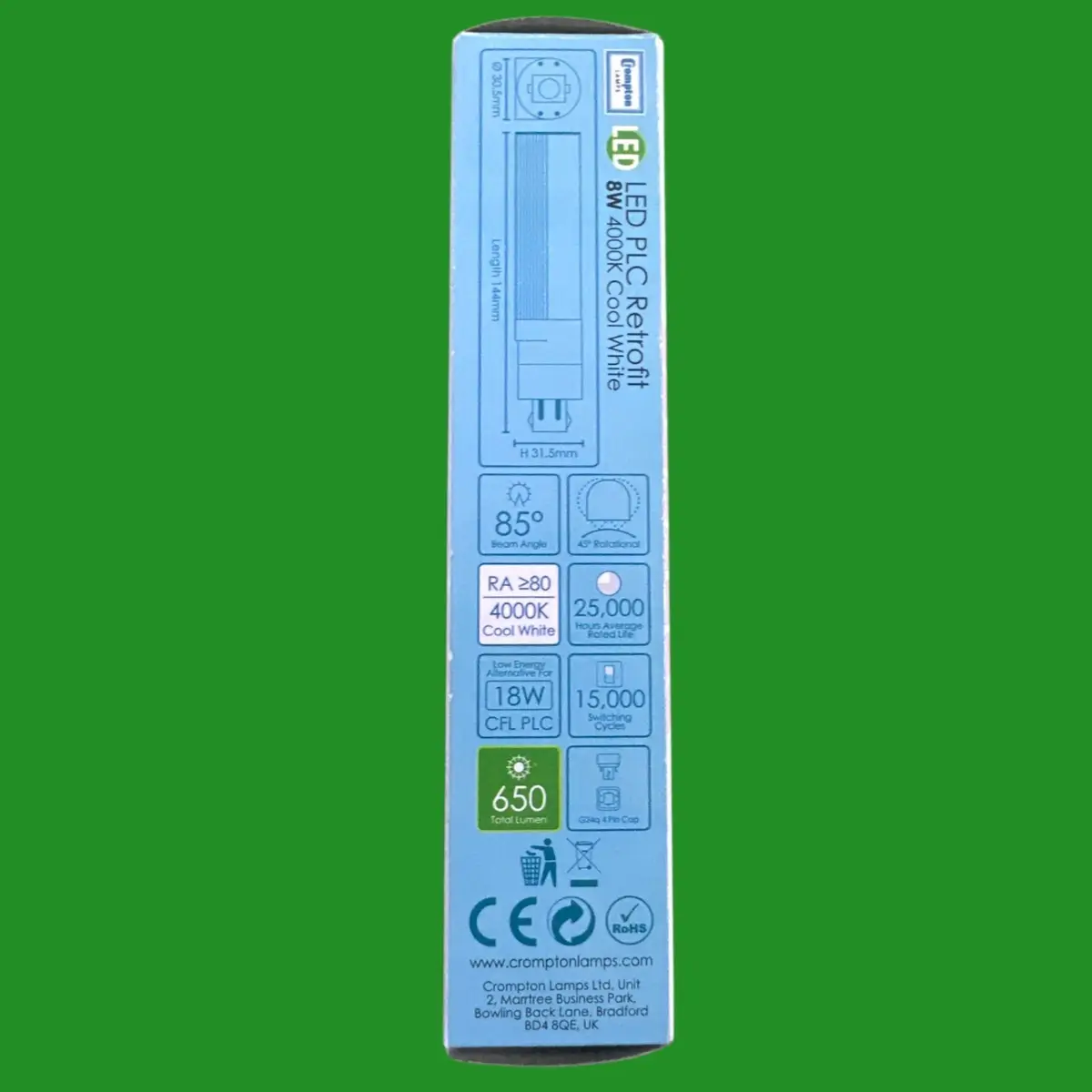 8W (=18W Direct Retrofit) Crompton LED G24q-2, 4 pin PLC Light Bulb 4000K 840 - image 4 | Free standard UK delivery included | Discount Quality Products