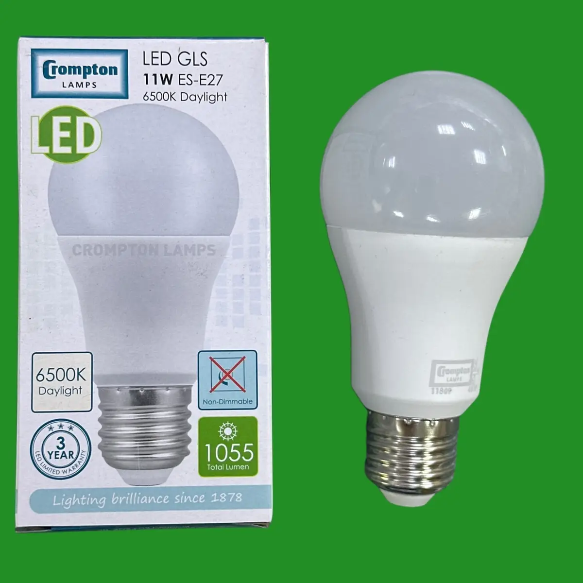 2x 11W (=75W) Crompton GLS A60 LED Light Bulbs ES E27 Screw 6500K Daylight White