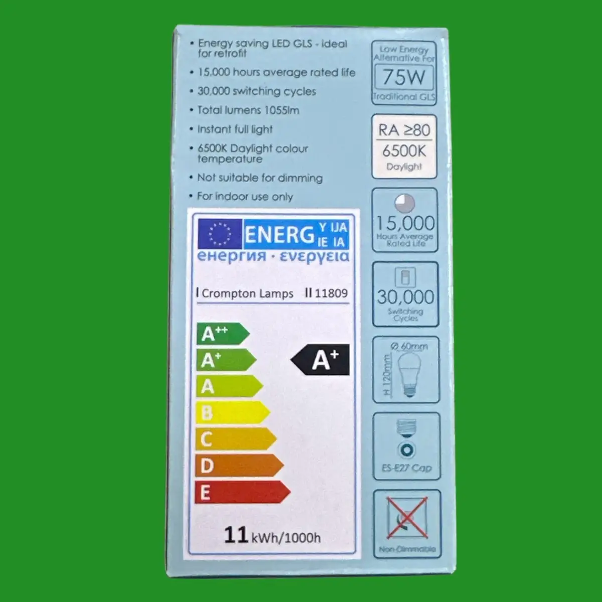 2x 11W (=75W) Crompton GLS A60 LED Light Bulbs ES E27 Screw 6500K Daylight White - image 3 | Free standard UK delivery included | Discount Quality Products