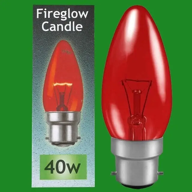 2x 40W Red Fireglow BC B22 Candle Light Bulb, Electric Fires, Brooders etc.