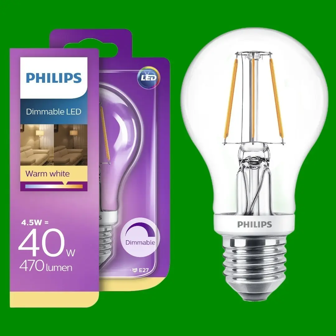2x 4.5W (=40W) Philips Dimmable LED Filament GLS A60 Light Bulb ES E27 Screw
