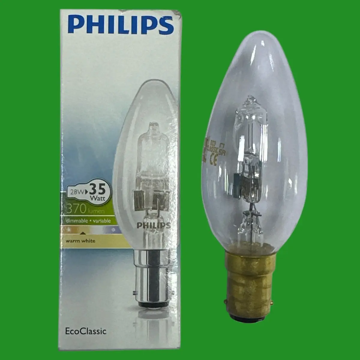 2x 28W (=35W) Philips Dimmable Eco Halogen Clear Candle Light Bulbs SBC B15 Lamp