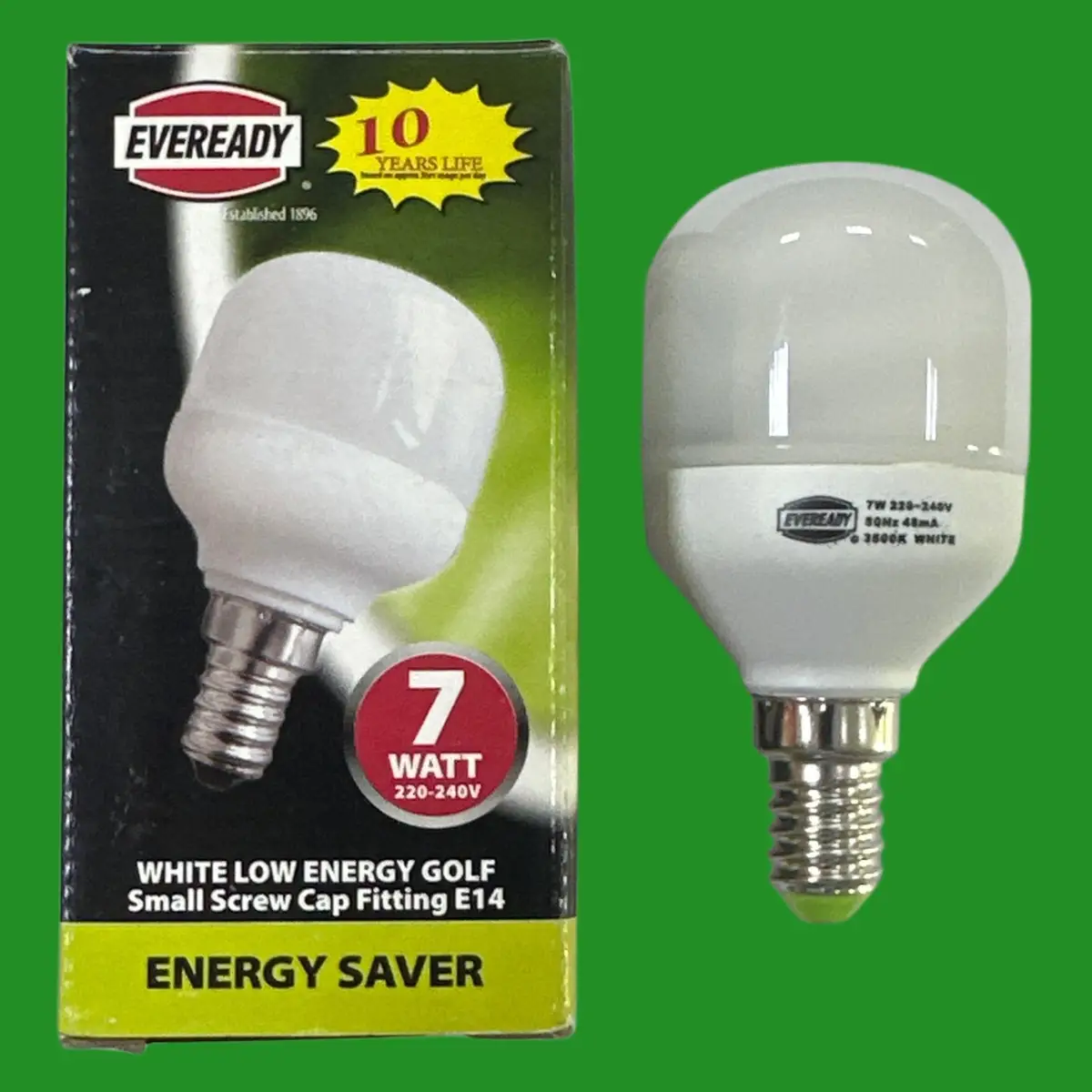 1x 7W Eveready CFL Round Golf Light Bulb 3500K E14 SES Low Energy Power Saving