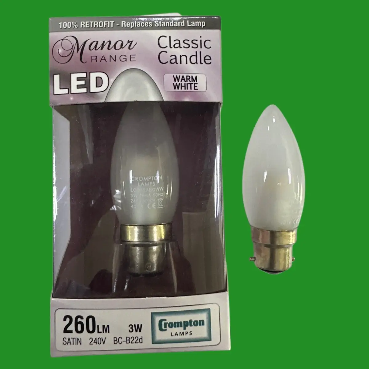 2x 3W (=25W) Crompton Manor LED Classic Candle Light Bulb Bayonet BC B22 3000K