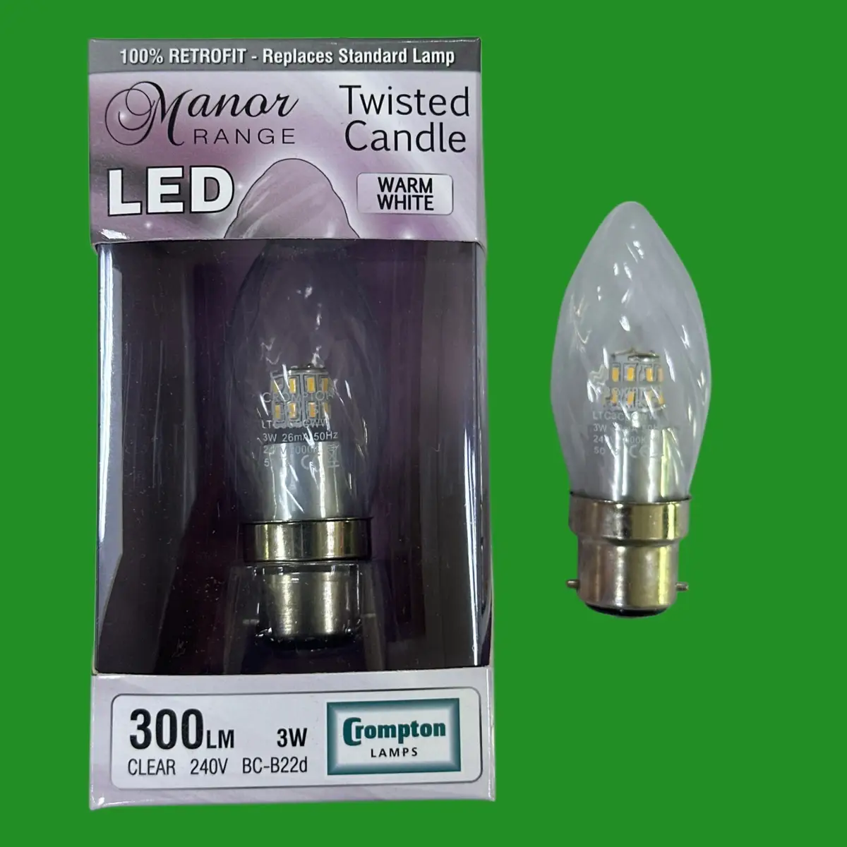 2x 3W Crompton Manor LED Twisted Clear Candle Light Bulbs Bayonet BC B22 3000K