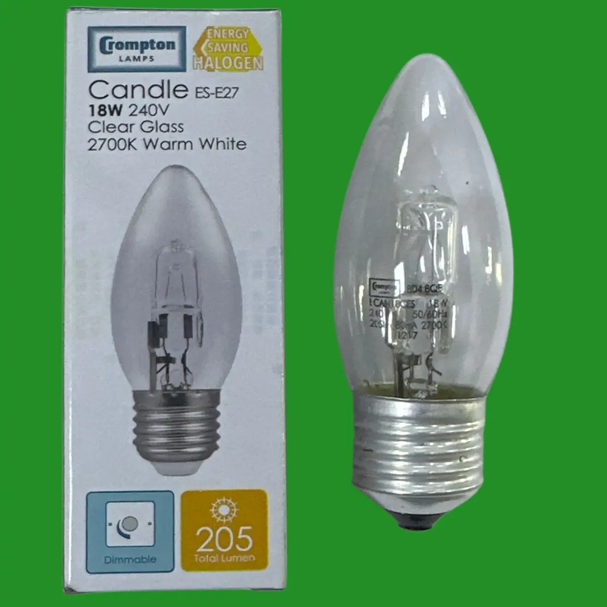 4x 18W (=24W) Crompton Dimmable Halogen Clear Candle Light Bulbs ES E27 Screw