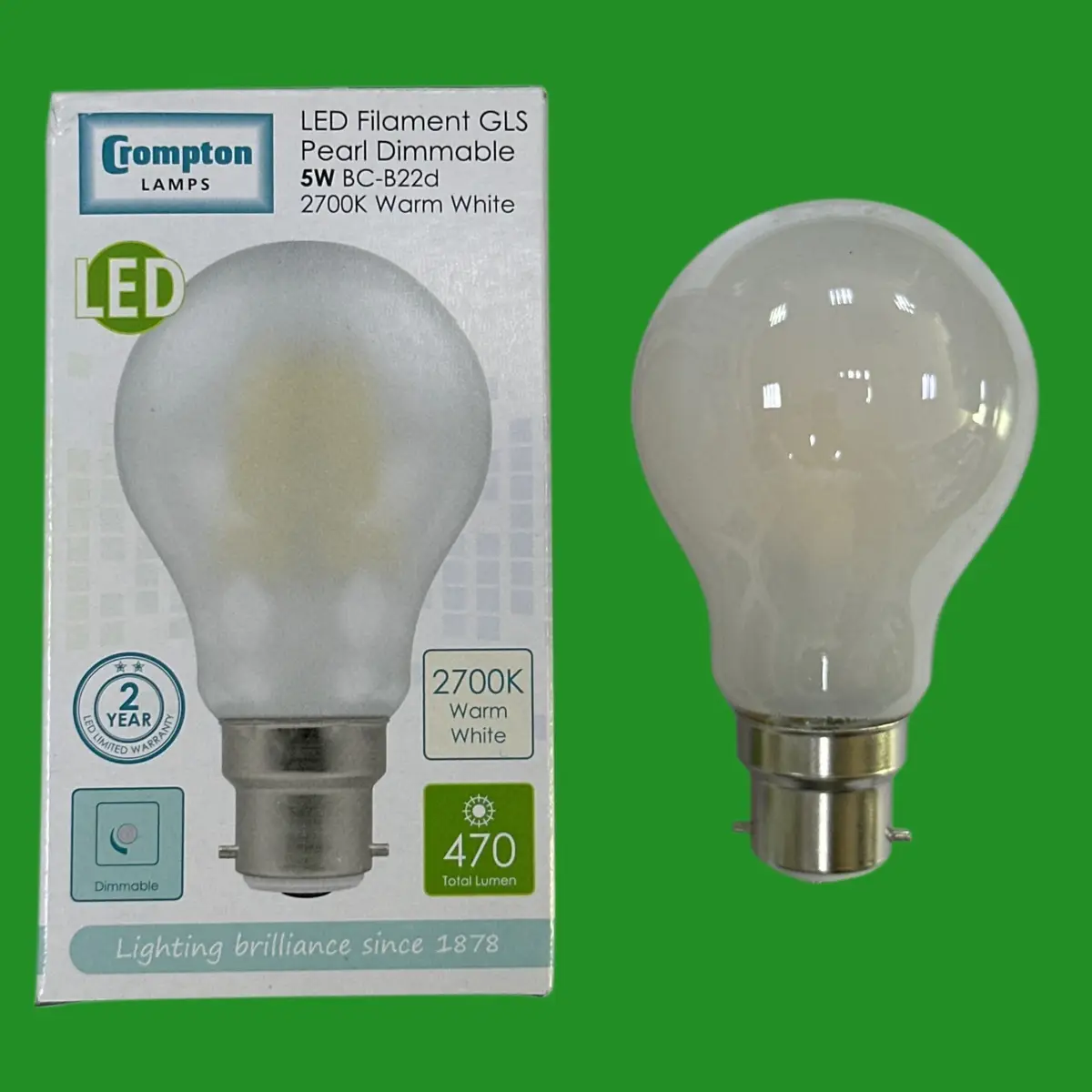 5W (=40W) Crompton Dimmable Pearl GLS LED Filament Light Bulb BC B22 2700K Lamp