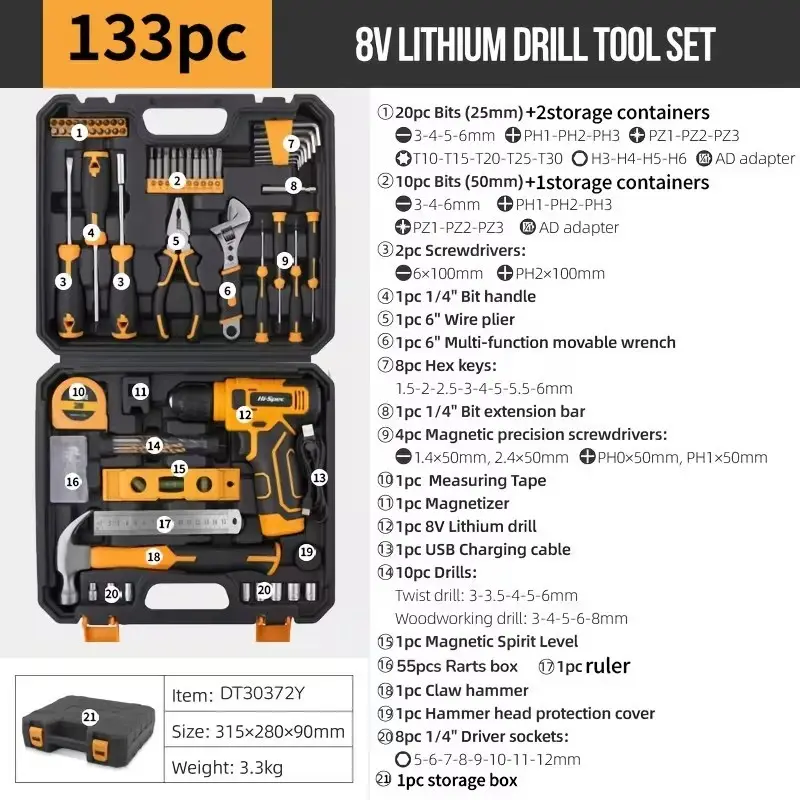 DIY Hi-Spec 133pc 8V Cordless Tool Kit USB Screwdriver Hammer Wrench Home Garage - image 2 | Free standard UK delivery included | Discount Quality Products