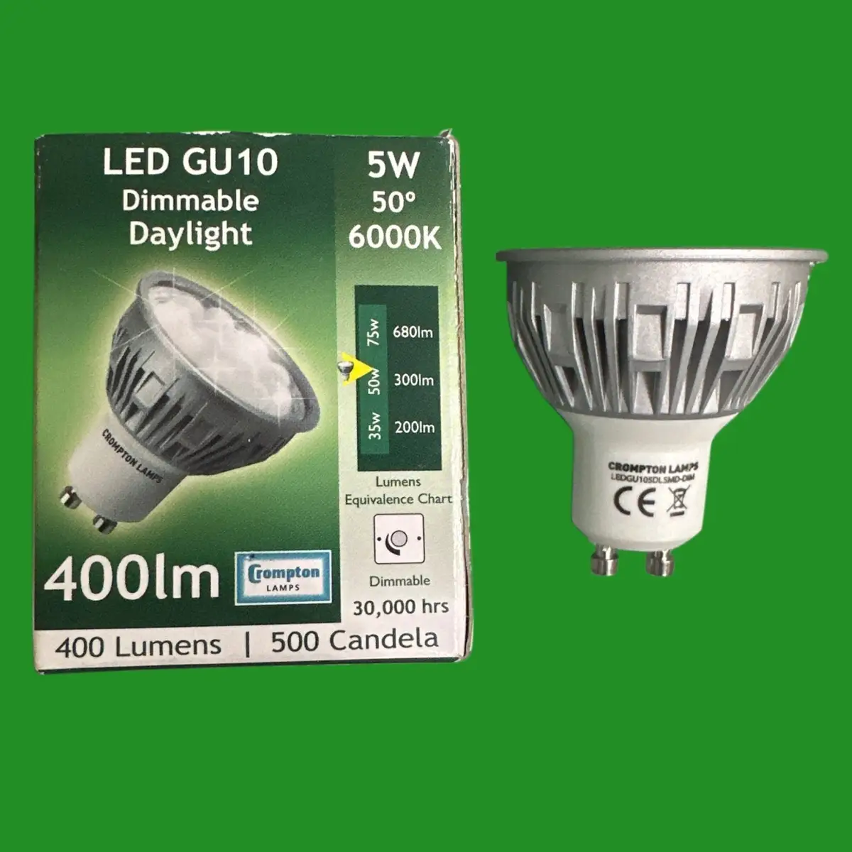 2x 5W (=50W) Crompton Dimmable LED GU10 Reflector Spot Light Bulb 6500k Daylight