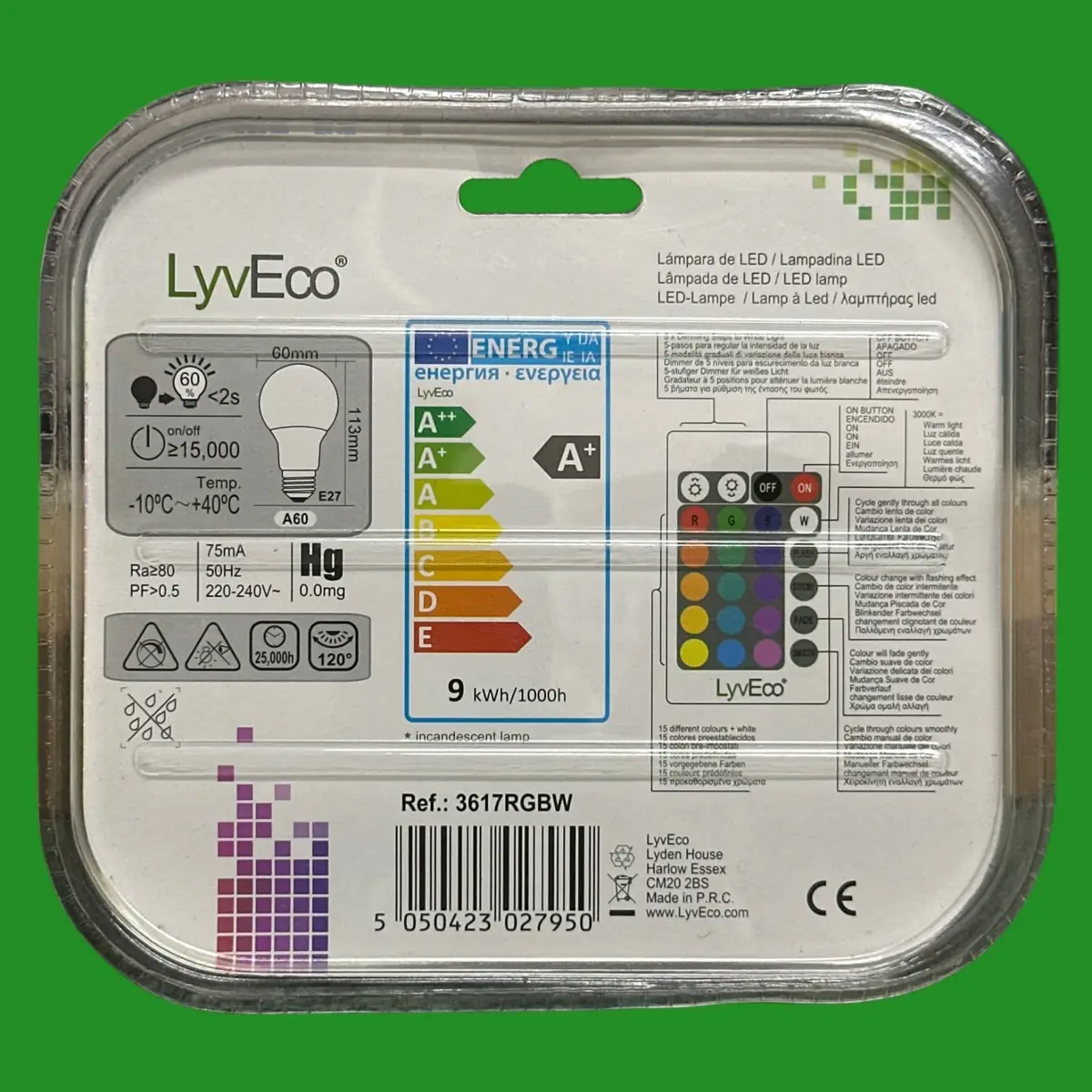 9W (=72W) LyvEco RGB & White Smart Dimmable LED Light Bulb ES E27 Screw & Remote - image 2 | Free standard UK delivery included | Discount Quality Products