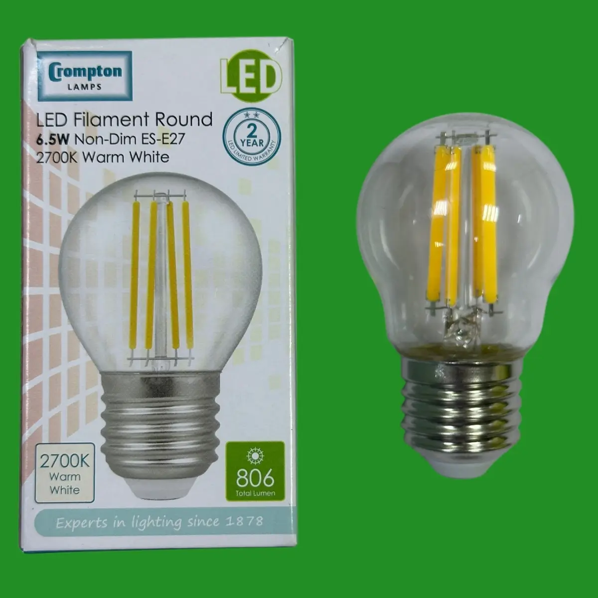 4x 6.5W (=60W) Crompton Clear LED Filament Round Golf Light Bulb ES E27 Screw
