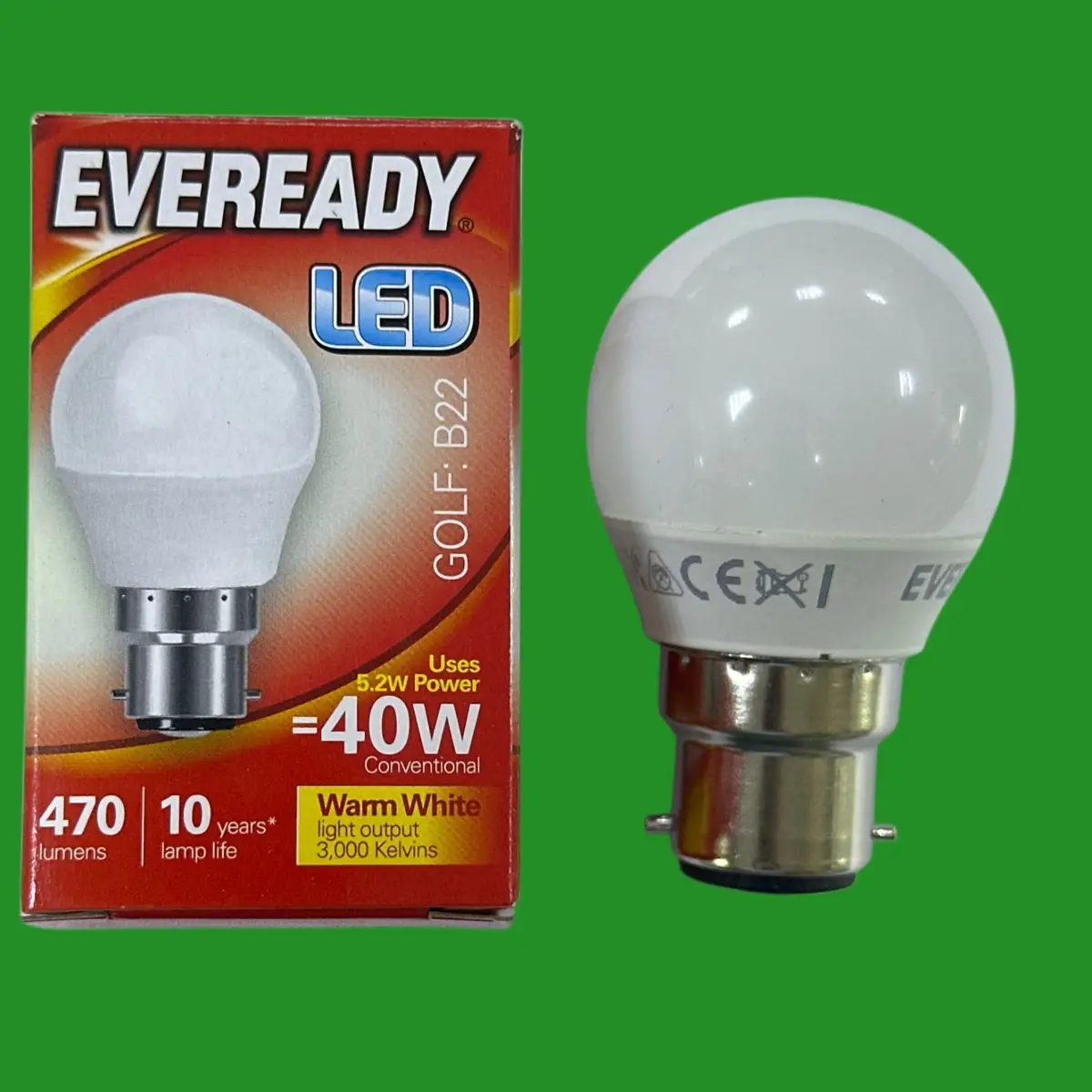 2x 5.2W (=40W) Eveready LED Round Golf Light Bulbs BC B22 Lamp Warm White 3000K