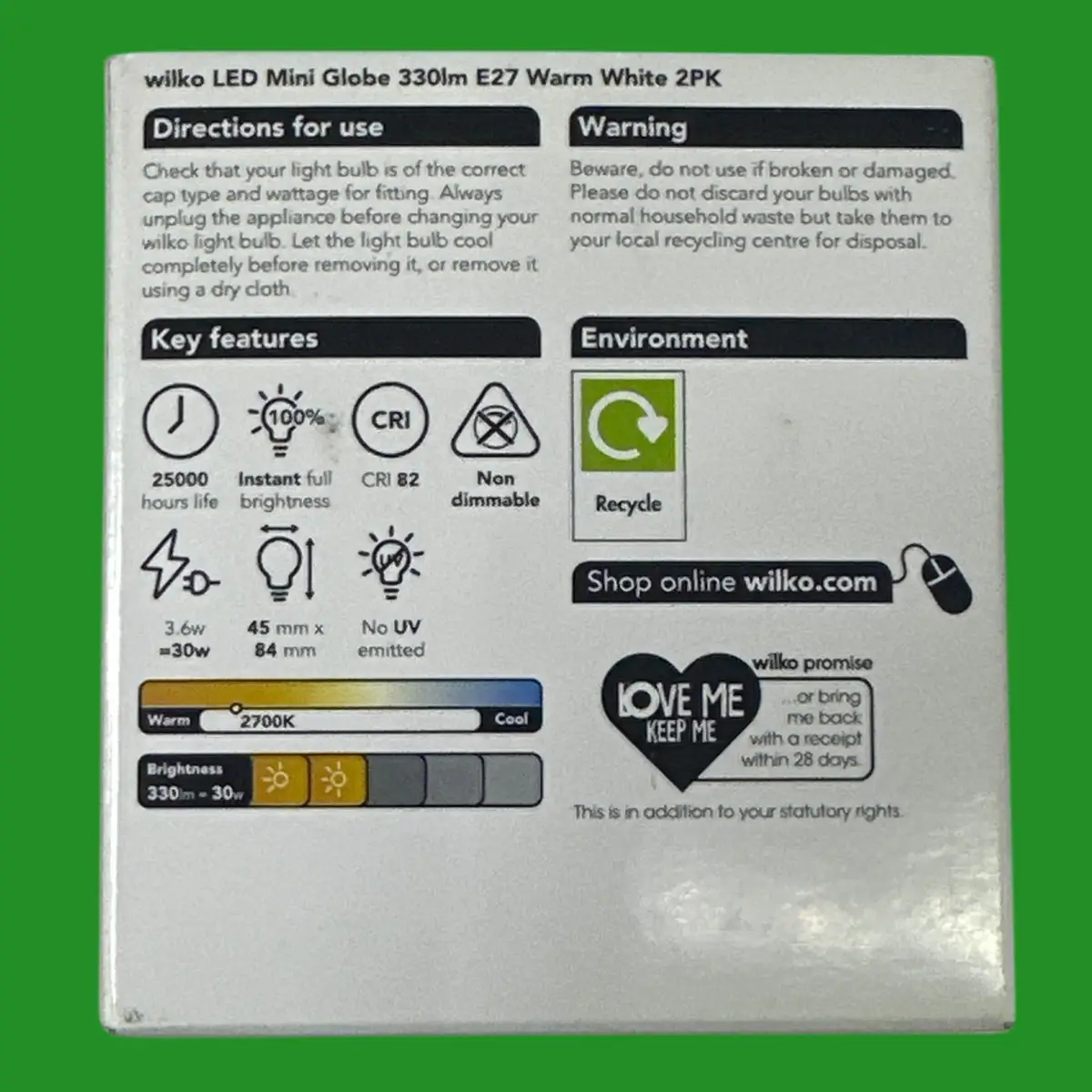 2x 3.6W (=30W) Wilko LED Golf G45 Round Light Bulbs 2700K Warm White ES E27 Lamp - image 3 | Free standard UK delivery included | Discount Quality Products