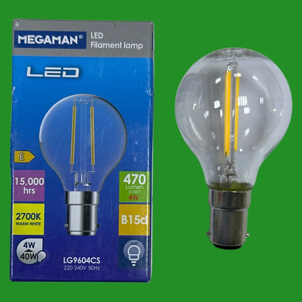 4W (=40W) Megaman Clear LED Filament G45 Round Golf Light Bulb SBC B15 2700K