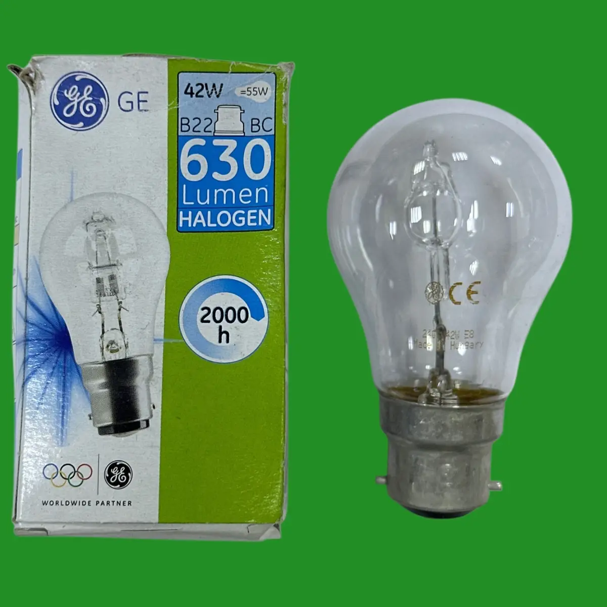 2x 42W (=55W) GE GLS A50 Clear Halogen Light Bulb BC B22 Bayonet Cap Lamp 2800K